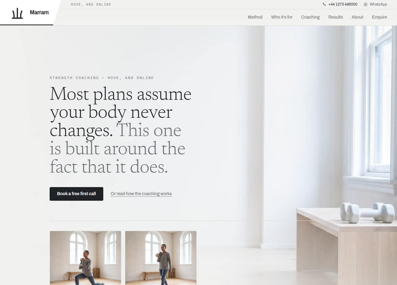 The Marram sample site: a pale homepage with a light serif headline reading 'Most plans assume your body never changes'.