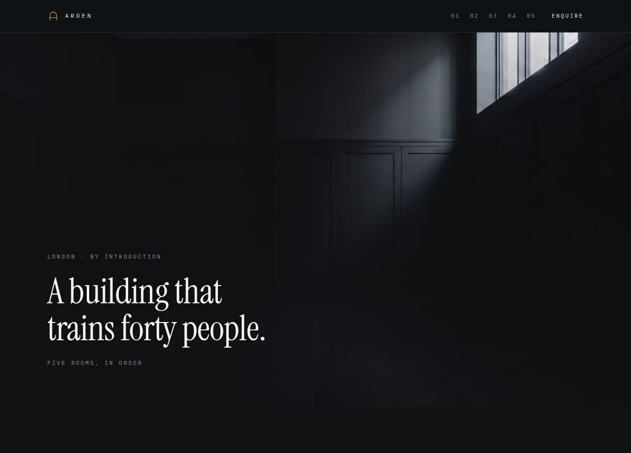 The ARDEN sample site: a near-black homepage headed 'A building that trains forty people' over a dark architectural photograph.