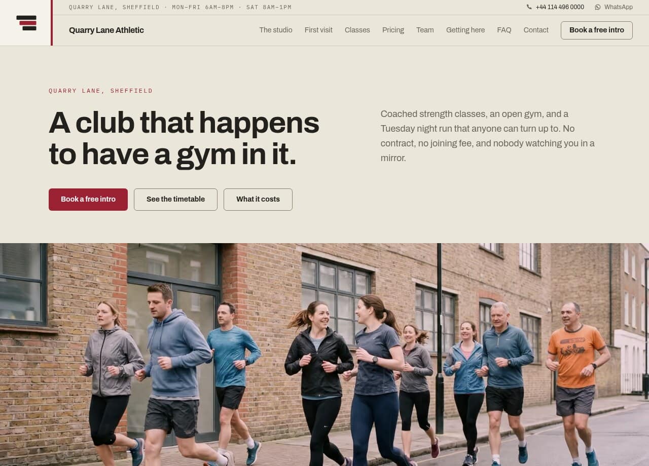 The Quarry Lane Athletic sample site: a pale homepage headed 'A club that happens to have a gym in it', over a photograph of a running club setting off.